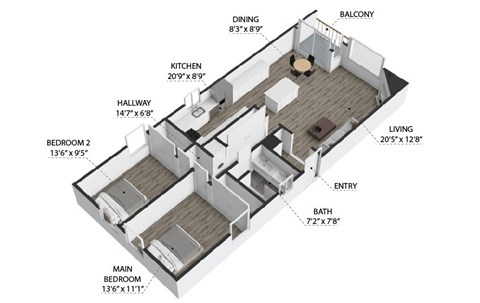 Floor plan for 2 beds, 1 bath, 1100 sqft